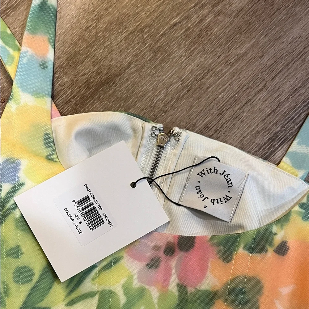 With Jean Floral Two-Piece Crop Top and Mini Skirt in Yellow, Green, Peach, Pink - Picture 3 of 3